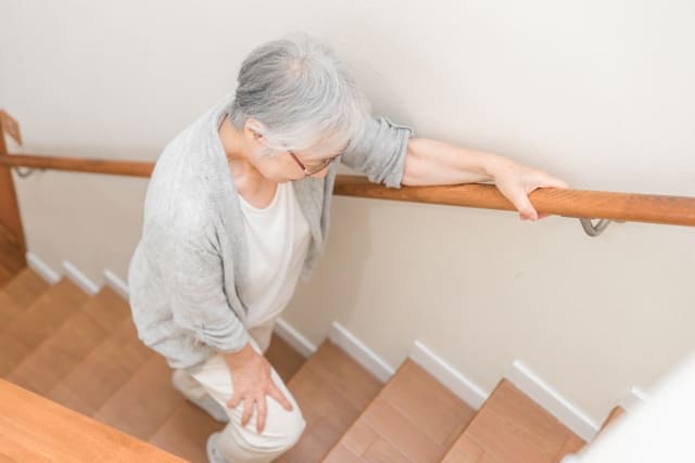 手すりにつかまって階段を昇る高齢女性